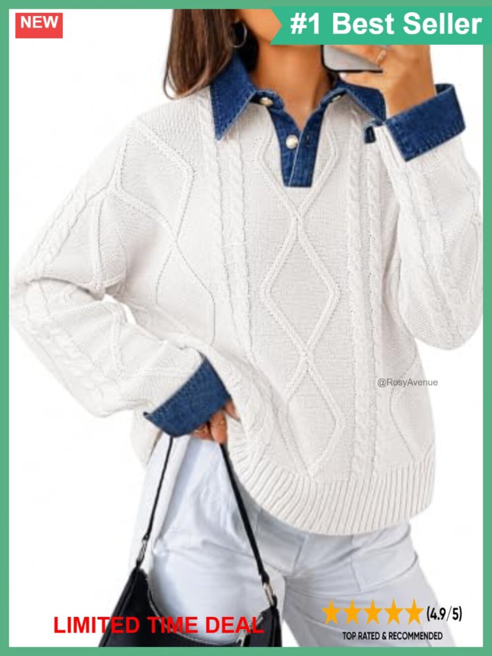 Cable Knit V-Neck Button Down Pullover Sweater Loose Fit